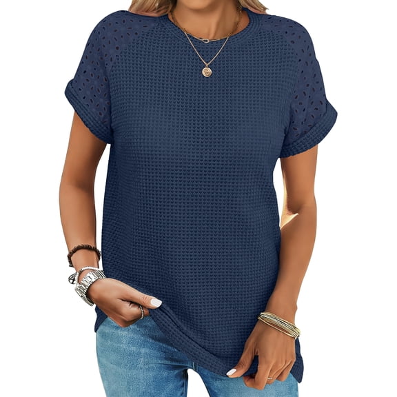 UVN Summer Blouses for Women Short Sleeve Crewneck Dressy Shirts Ladies Casual Waffle Knit Hollow Out Tunic Tops