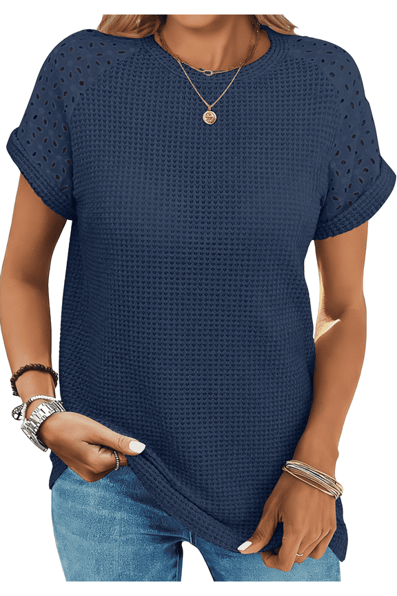 Summer Blouses for Women Short Sleeve Crewneck Dressy Shirts Ladies Casual Waffle Knit Hollow Out Tunic Tops