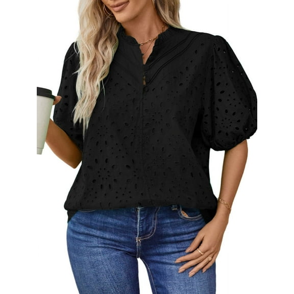 UVN Summer Blouses for Women Short Sleeve Shirts Ladies Hollow Out Lace Blouse V Neck Dressy Casual Tops
