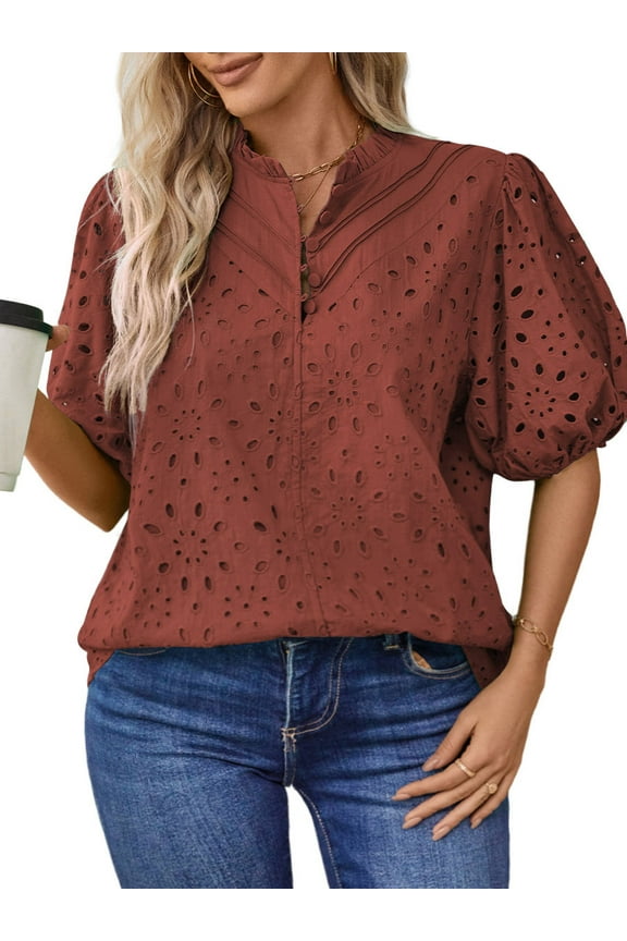 Summer Blouses for Women Short Sleeve Shirts Ladies Hollow Out Lace Blouse V Neck Dressy Casual Tops