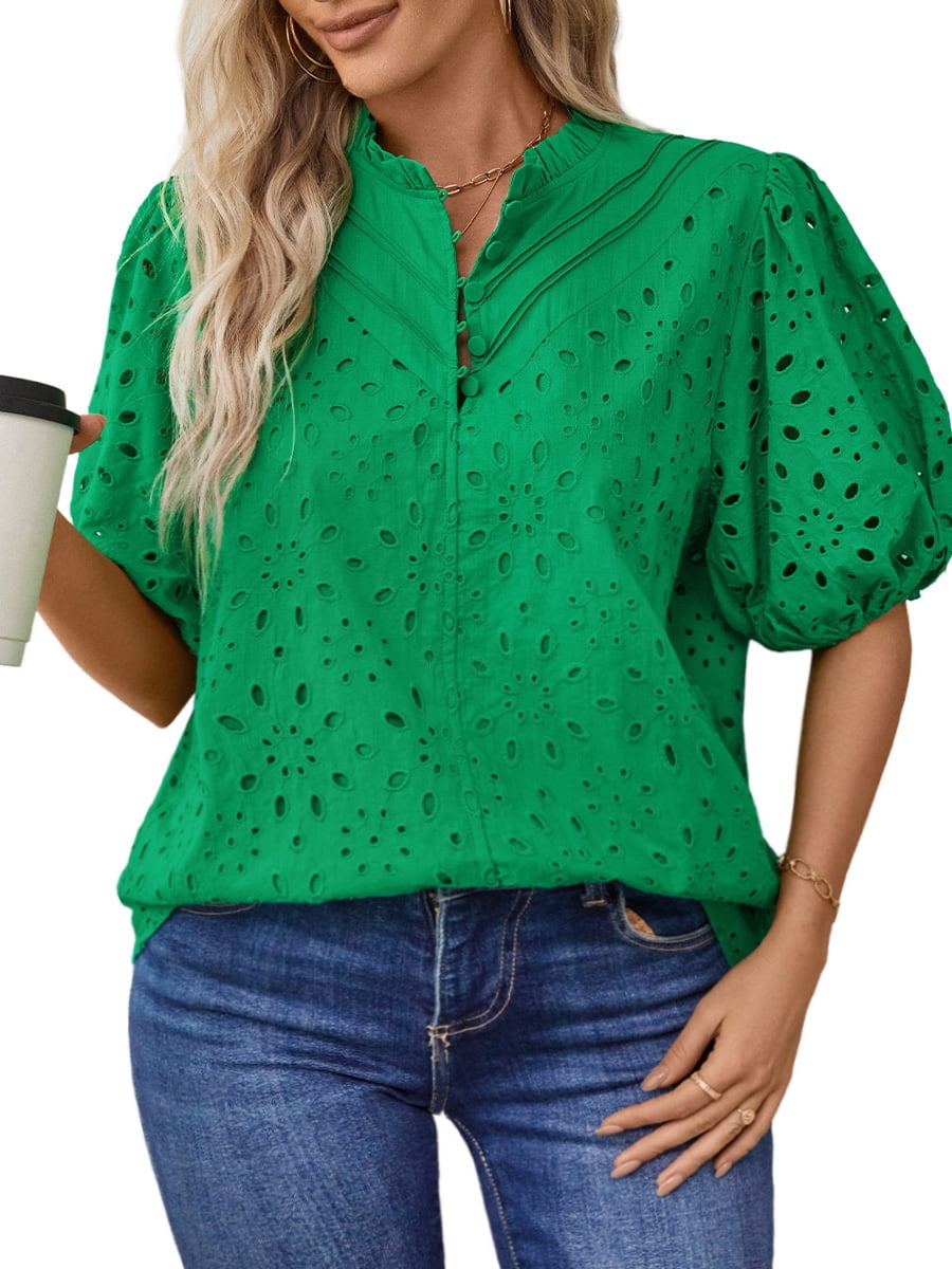 Women Summer Versatile Lattice O Neck Blouse