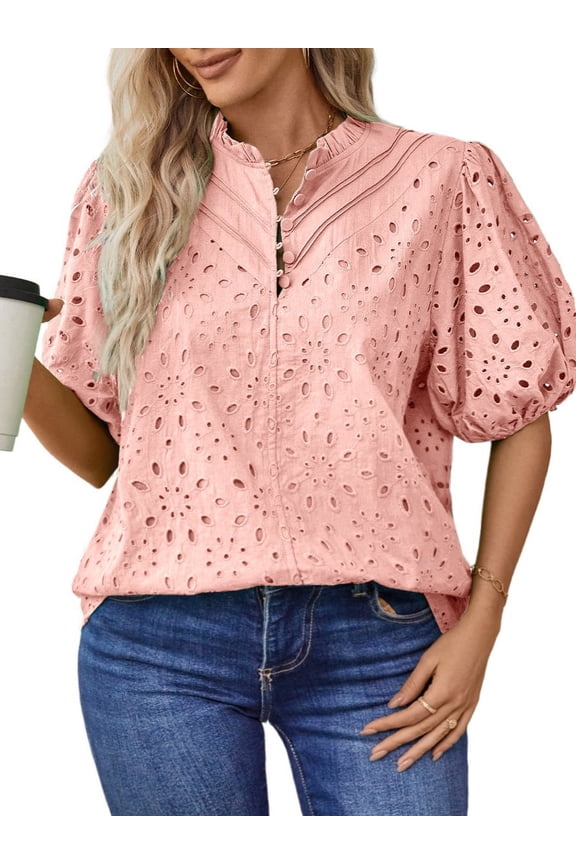 Summer Blouses for Women Short Sleeve Shirts Ladies Hollow Out Lace Blouse V Neck Dressy Casual Tops