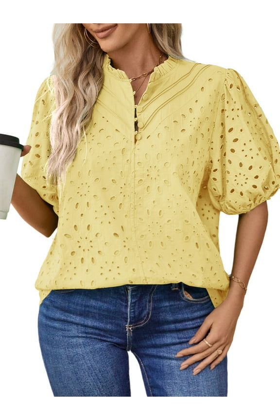 Summer Blouses for Women Short Sleeve Shirts Ladies Hollow Out Lace Blouse V Neck Dressy Casual Tops