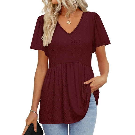 UVN Summer Blouses for Women Short Sleeve V Neck Peplum Tunic Tops Casual Babydoll Flowy T Shirts