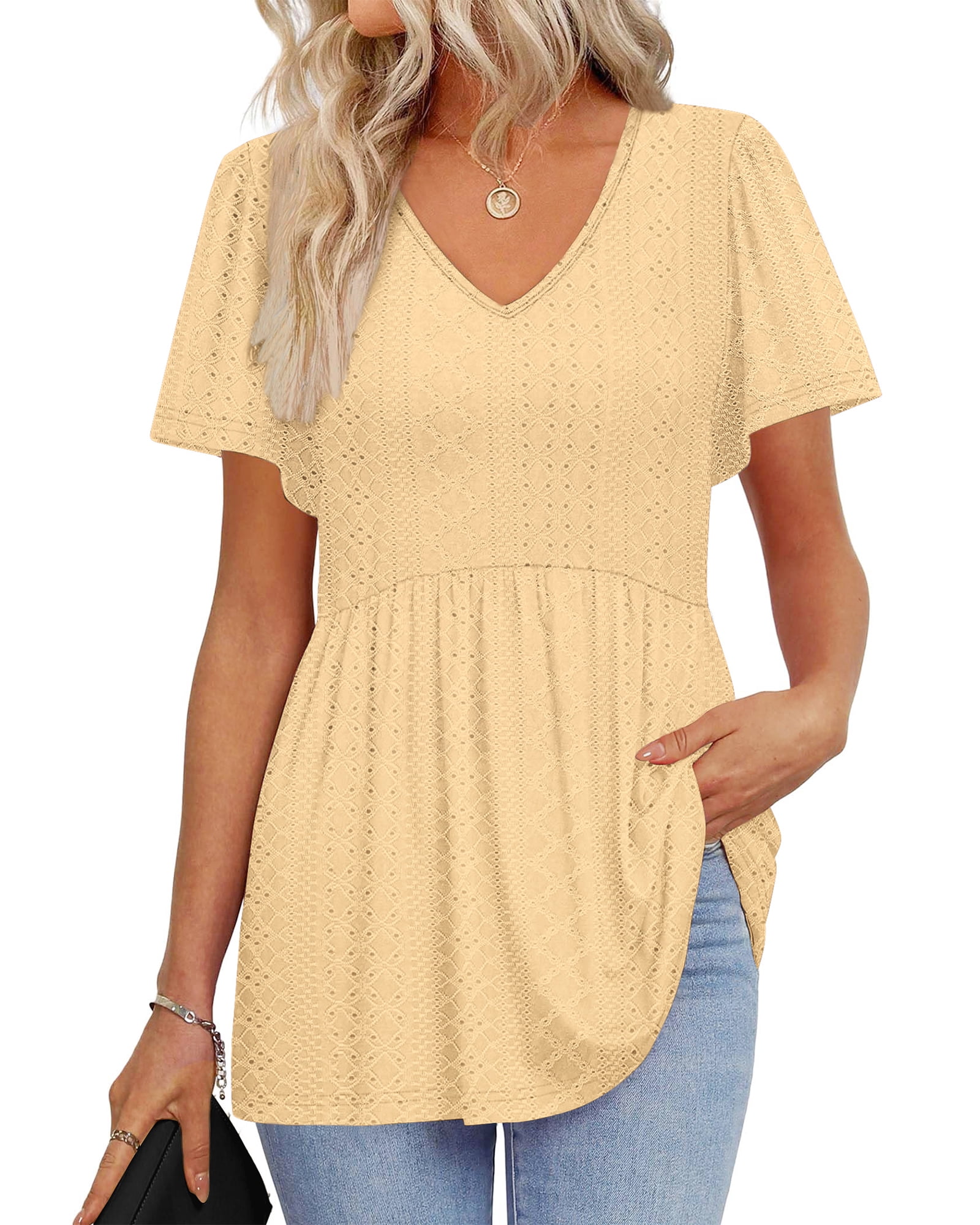 UVN Summer Blouses for Women Short Sleeve V Neck Peplum Tunic Top ...