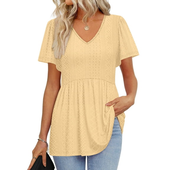 UVN Summer Blouses for Women Short Sleeve V Neck Peplum Tunic Tops Casual Babydoll Flowy T Shirts