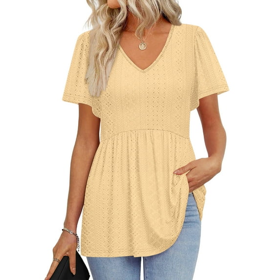 UVN Summer Blouses for Women Short Sleeve V Neck Peplum Tunic Tops Casual Babydoll Flowy T Shirts