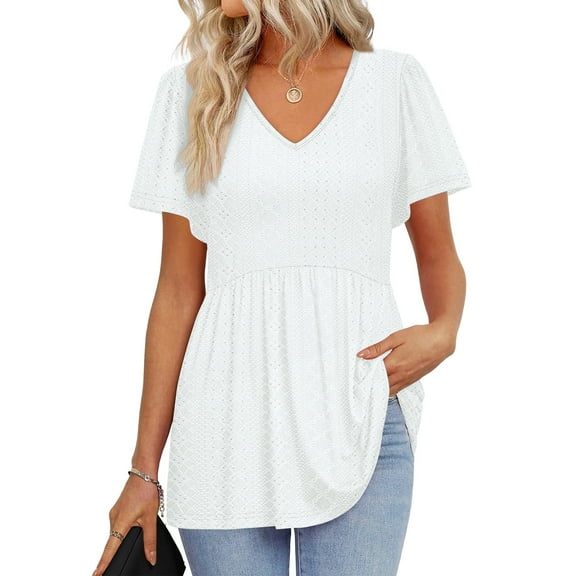 UVN Summer Blouses for Women Short Sleeve V Neck Peplum Tunic Tops Casual Babydoll Flowy T Shirts