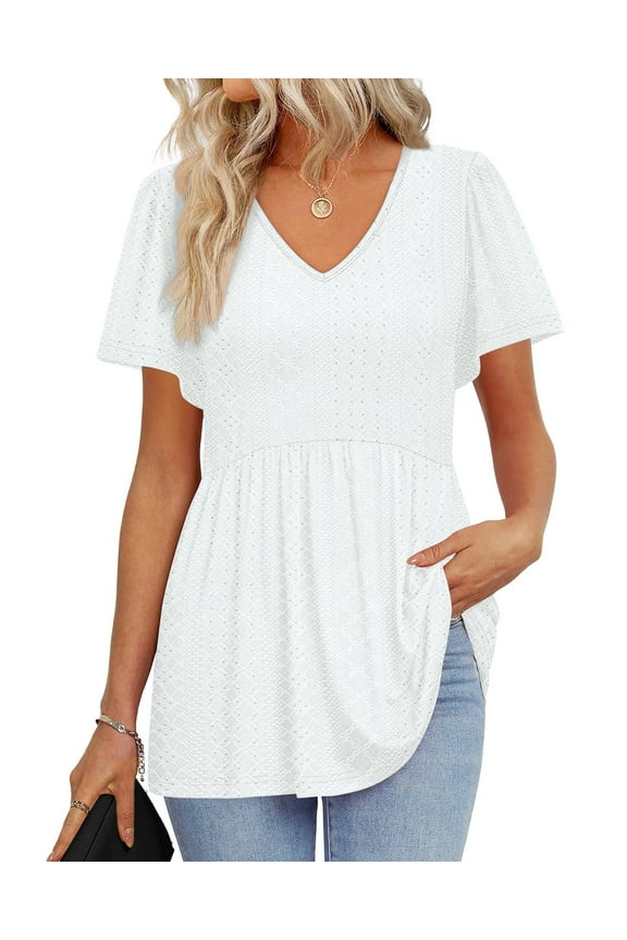 Summer Blouses for Women Short Sleeve V Neck Peplum Tunic Tops Casual Babydoll Flowy T Shirts