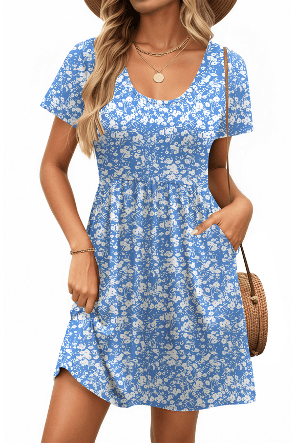 Summer Dresses for Women Boho Floral Print Midi Dresses Casual Short Sleeve U Neck Beach Sundress with Pockets