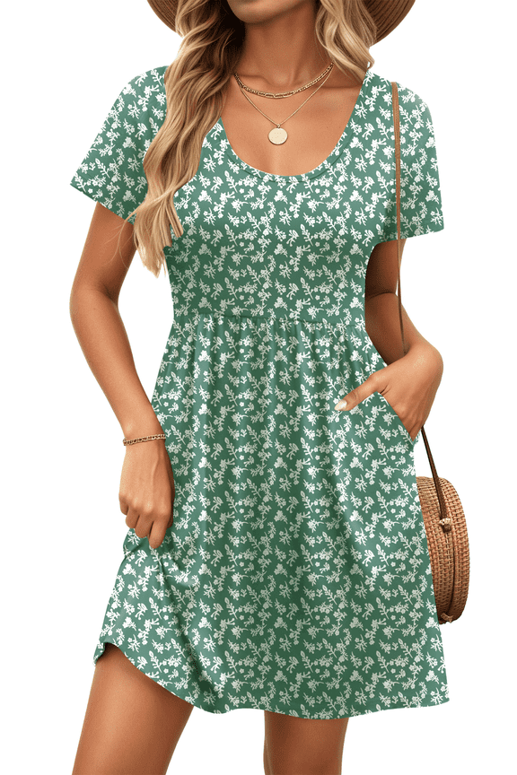Summer Dresses for Women Boho Floral Print Midi Dresses Casual Short Sleeve U Neck Beach Sundress with Pockets