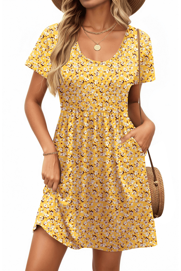Summer Dresses for Women Boho Floral Print Midi Dresses Casual Short Sleeve U Neck Beach Sundress with Pockets