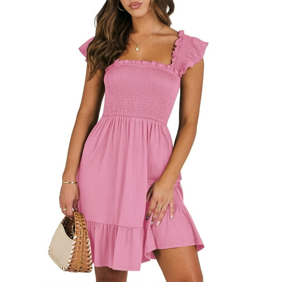 UVN Summer Dresses for Women Casual Sleeveless Square Neck Midi Dress Ruffle Backless Swing Flowy Tiered Dress