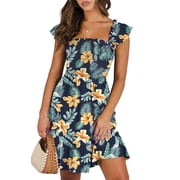 UVN Summer Dresses for Women Casual Sleeveless Square Neck Midi Dress Ruffle Backless Swing Flowy Tiered Dress