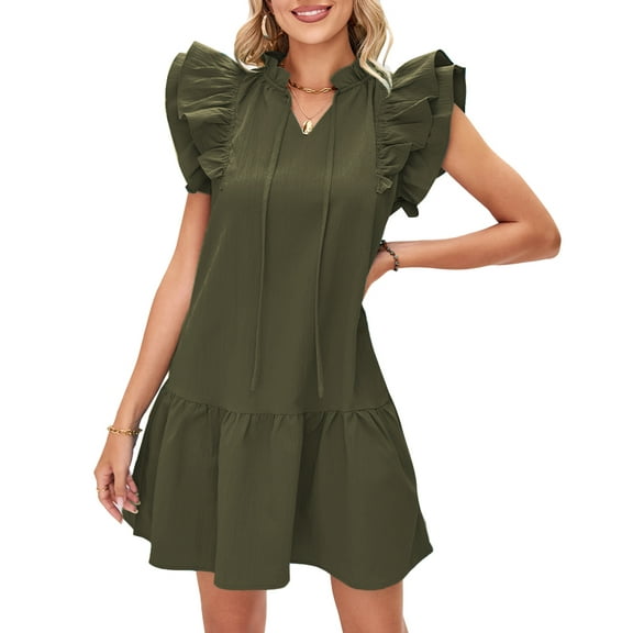 UVN Summer Dresses for Women Ruffle Short Sleeve V Neck Drawstring Dress Loose A Line Beach Sundress