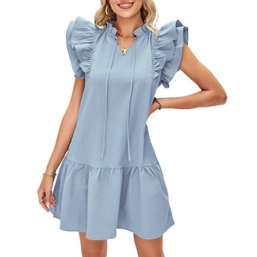 UVN Summer Dresses for Women Ruffle Short Sleeve V Neck Drawstring Dress Loose A Line Beach Sundress