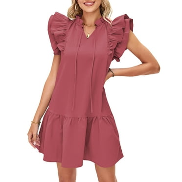 UVN Summer Dresses for Women Ruffle Short Sleeve V Neck Drawstring Dress Loose A Line Beach Sundress