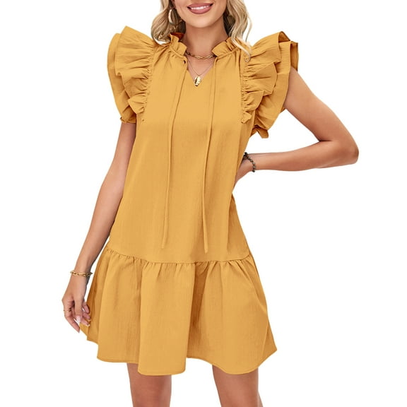 UVN Summer Dresses for Women Ruffle Short Sleeve V Neck Drawstring Dress Loose A Line Beach Sundress