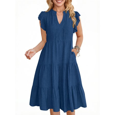 UVN Summer Dresses for Women Ruffle Sleeve V Neck Midi Dress Casual Beach Sundress with Pockets
