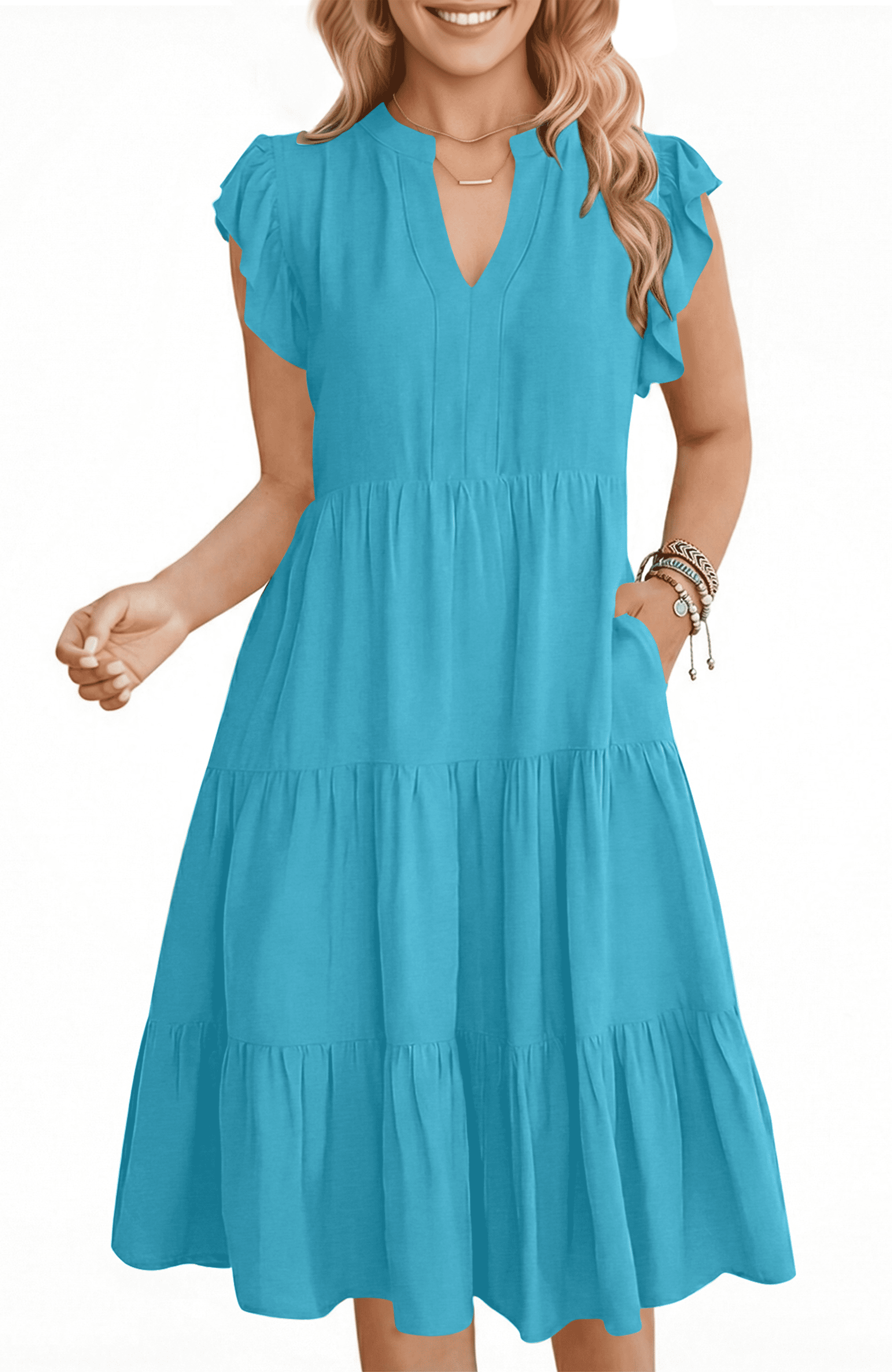 UVN Summer Dress for Women Ruffle Sleeve V Neck Midi Casual Beach Sundress  with Pockets - Walmart.com