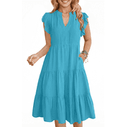 UVN Summer Dresses for Women Ruffle Sleeve V Neck Midi Dress Casual Beach Sundress with Pockets