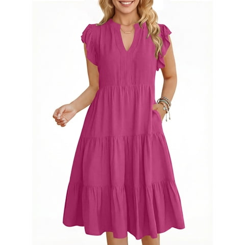 Summer Dresses for Women Ruffle Sleeve V Neck Midi Dress Casual Beach Sundress with Pockets