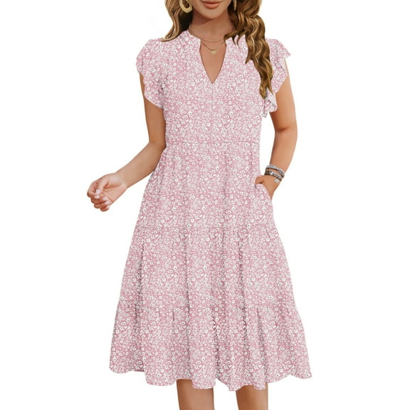 UVN Summer Dresses for Women Ruffle Sleeve V Neck Midi Dress Casual Beach Sundress with Pockets