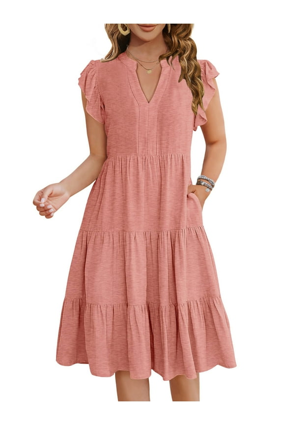 Summer Dresses for Women Ruffle Sleeve V Neck Midi Dress Casual Beach Sundress with Pockets