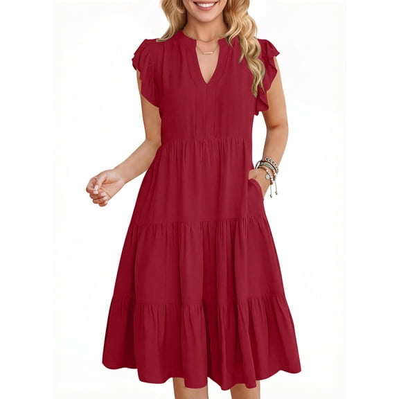 UVN Summer Dresses for Women Ruffle Sleeve V Neck Midi Dress Casual Beach Sundress with Pockets