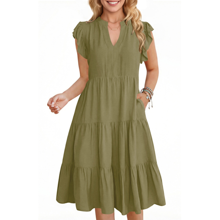 UVN Summer Dresses for Women Ruffle Sleeve V Neck Midi Dress Casual Beach Sundress with Pockets
