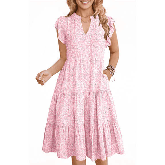 UVN Summer Dresses for Women Ruffle Sleeve V Neck Midi Dress Casual Beach Sundress with Pockets