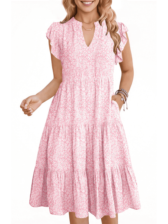 Summer Dresses for Women Ruffle Sleeve V Neck Midi Dress Casual Beach Sundress with Pockets