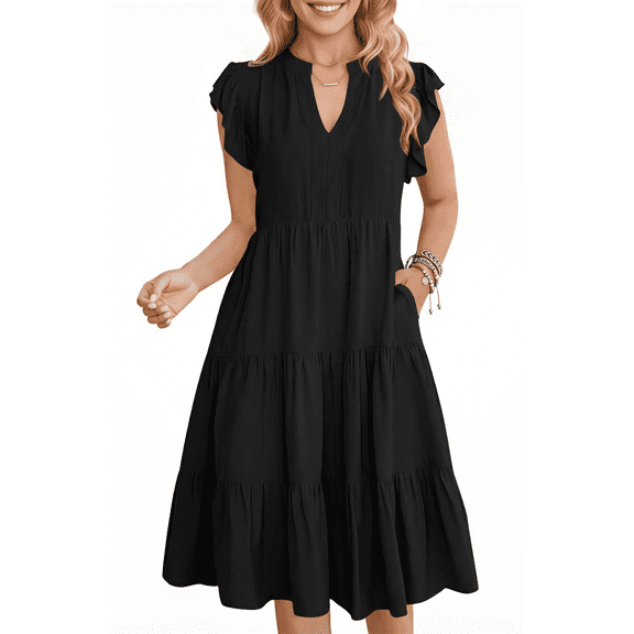 UVN Summer Dresses for Women Ruffle Sleeve V Neck Midi Dress Casual Beach Sundress with Pockets
