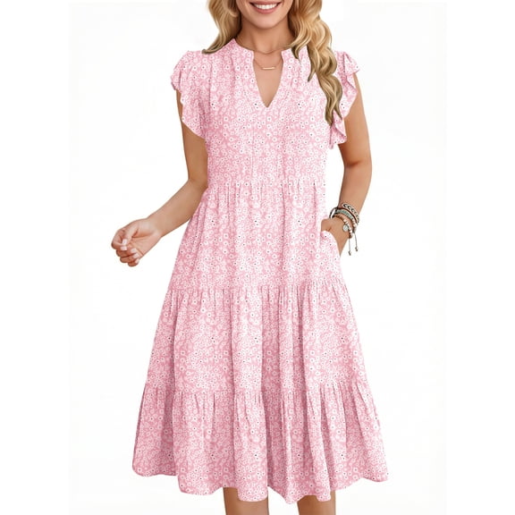UVN Summer Dresses for Women Ruffle Sleeve V Neck Midi Dress Casual Beach Sundress with Pockets