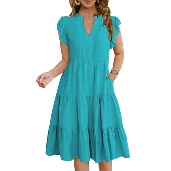 UVN Summer Dresses for Women Ruffle Sleeve V Neck Midi Dress Casual Beach Sundress with Pockets