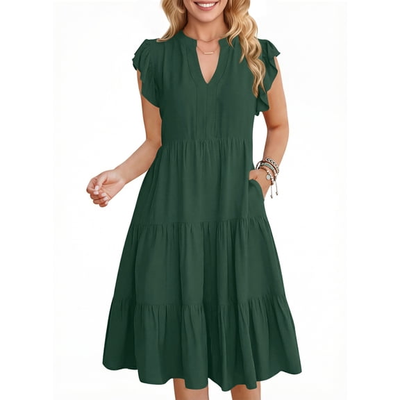 UVN Summer Dresses for Women Ruffle Sleeve V Neck Midi Dress Casual Beach Sundress with Pockets