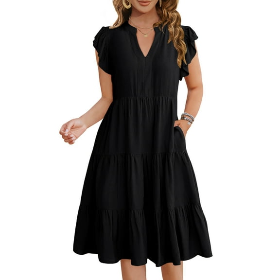 UVN Summer Dresses for Women Ruffle Sleeve V Neck Midi Dress Casual Beach Sundress with Pockets