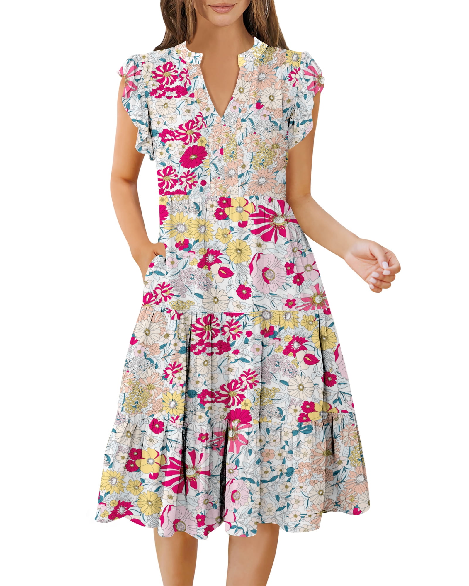 Walmart Coupons of UVN Summer Dresses for Women Ruffle Sleeve V Neck Midi Dress Casual Beach Sundress with Pockets