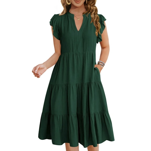 UVN Summer Dresses for Women Ruffle Sleeve V Neck Midi Dress Casual Beach Sundress with Pockets