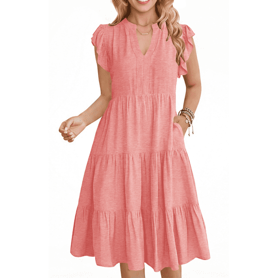 UVN Summer Dresses for Women Ruffle Sleeve V Neck Midi Dress Casual Beach Sundress with Pockets
