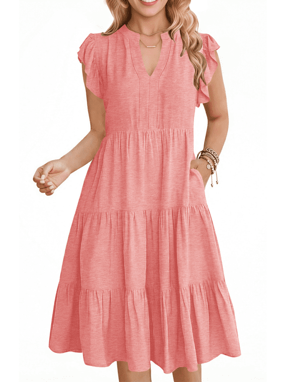 Summer Dresses for Women Ruffle Sleeve V Neck Midi Dress Casual Beach Sundress with Pockets