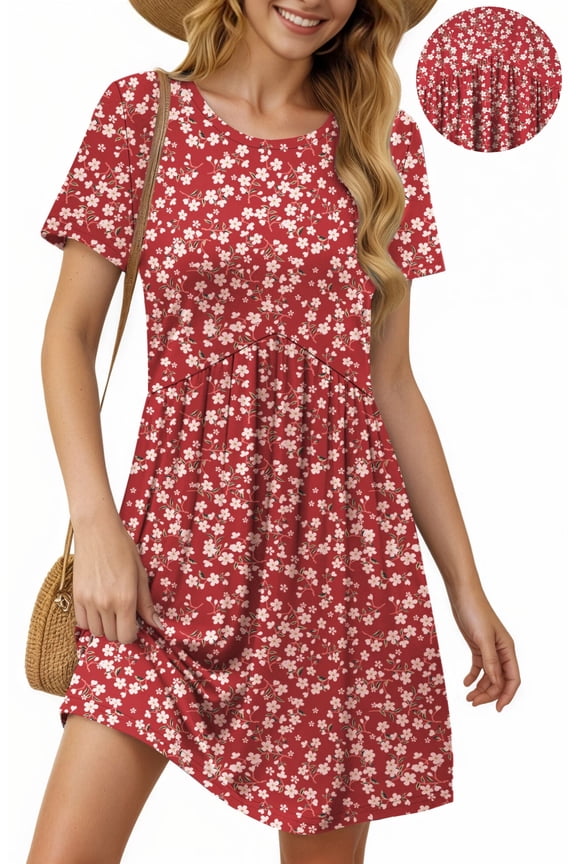 Summer Dresses for Women Short Sleeve Pleated Midi Dress Casual Tunic Dresses with Pockets