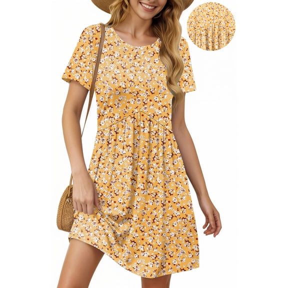 UVN Summer Dresses for Women Short Sleeve Pleated Midi Dress Casual Tunic Dresses with Pockets
