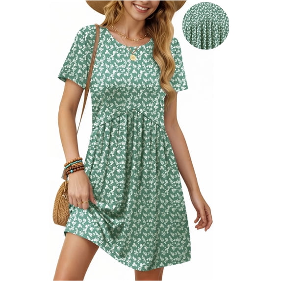 UVN Summer Dresses for Women Short Sleeve Pleated Midi Dress Casual Tunic Dresses with Pockets