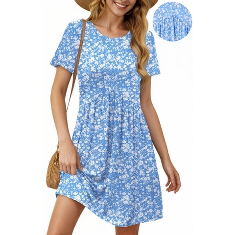 Summer Dresses for Women Short Sleeve Pleated Midi Dress Casual Tunic Dresses with Pockets