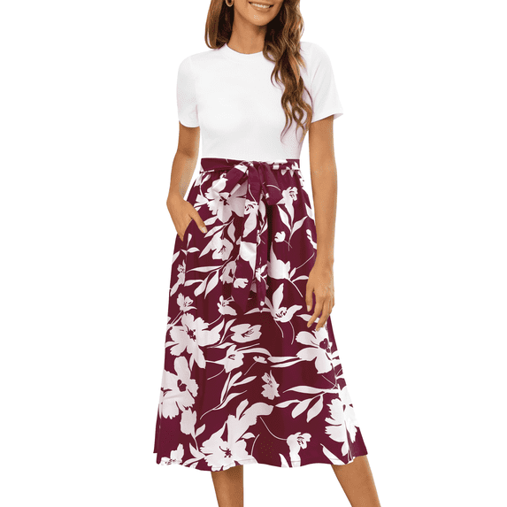 UVN Summer Dresses for Women Short Sleeve Ribbed Casual Midi Dress Ladies Floral Print Sundress with Pockets