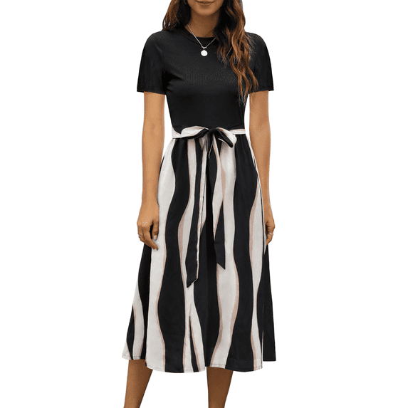 UVN Summer Dresses for Women Short Sleeve Ribbed Casual Midi Dress Ladies Floral Print Sundress with Pockets