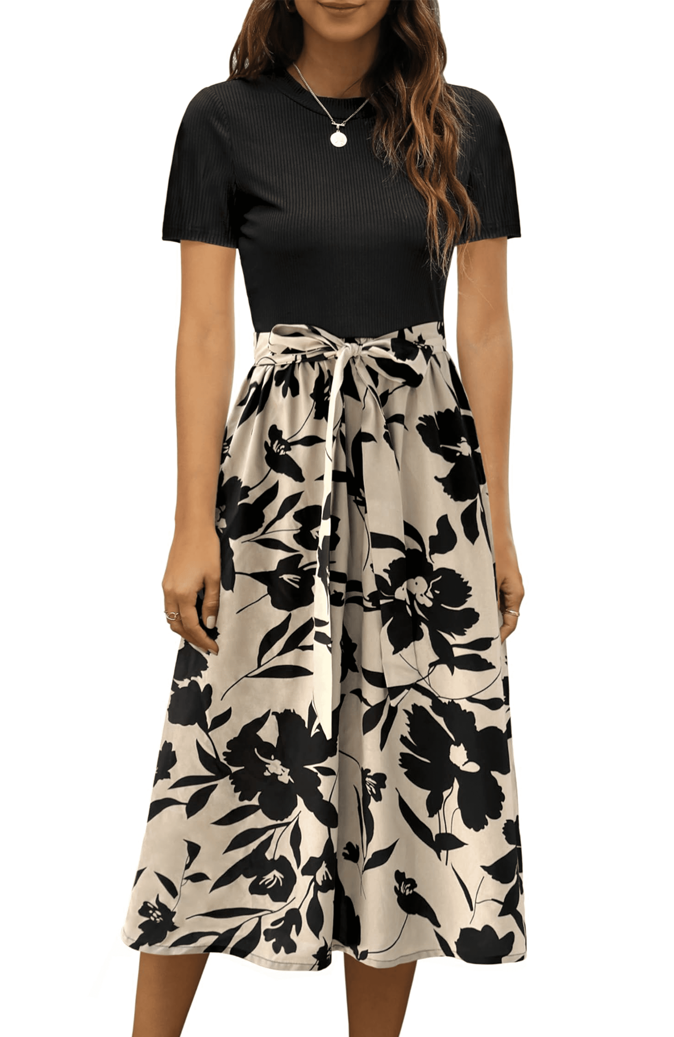 ladies midi dresses UVN Summer for Women Short Sleeve Ribbed Casual Dress Floral Print Sundress with Pockets smocked bodice Casual Dresses for Women Midi