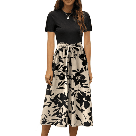 UVN Summer Dresses for Women Short Sleeve Ribbed Casual Midi Dress Ladies Floral Print Sundress with Pockets