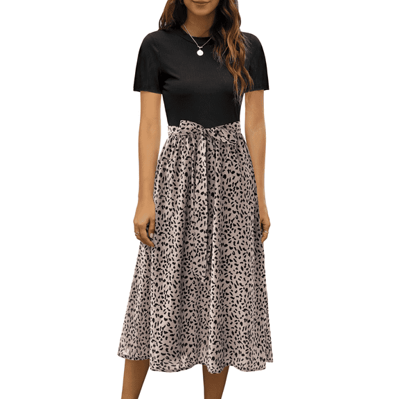 UVN Summer Dresses for Women Short Sleeve Ribbed Casual Midi Dress Ladies Floral Print Sundress with Pockets